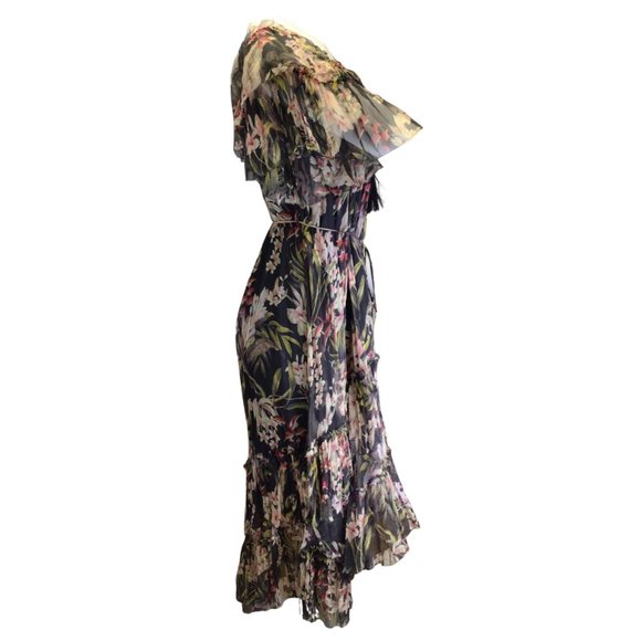ZIMMERMANN BLACK MULTI FLORAL PRINTED CURACAO PALM SHOULDER DRESS - Picture 2 of 5